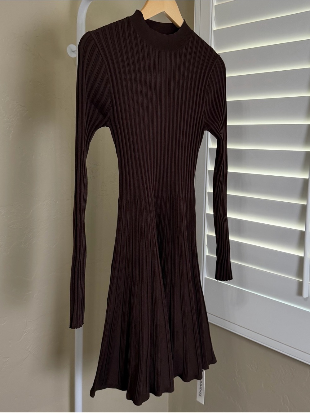 Commense Espresso Brown Mock Neck Flared Sweater Mini Dress Small NWT - Picture 3 of 9